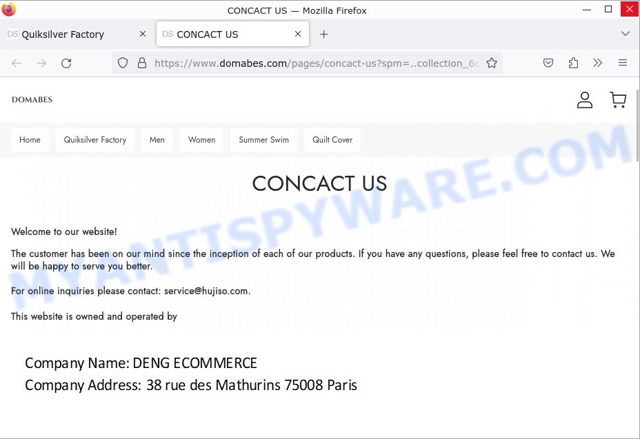 Domabes.com Quiksilver Factory Scam contacts