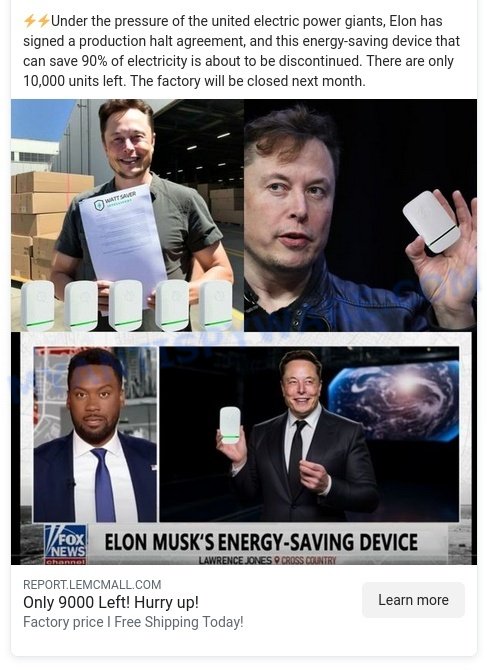 Elon Musk Energy Saving Device Scam Facebook ads