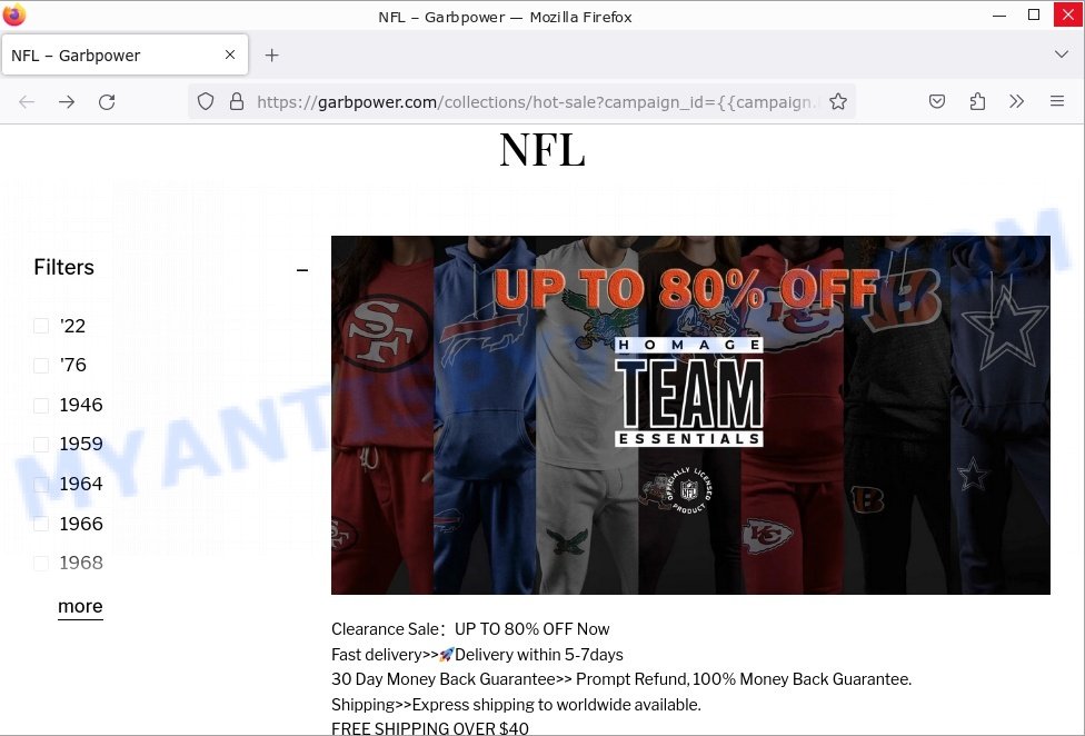 Garbpower.com NFL Scam store