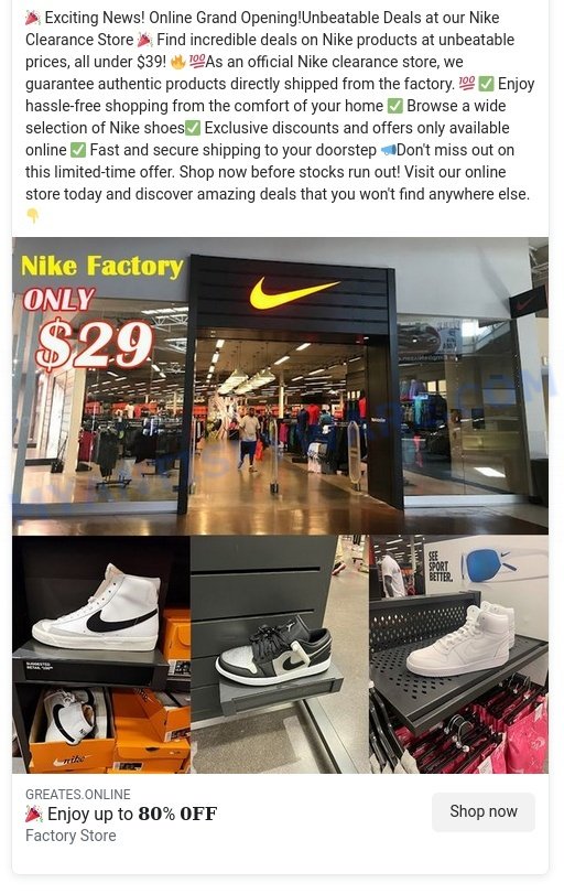 Greates.online Nike clearance store Scam ads