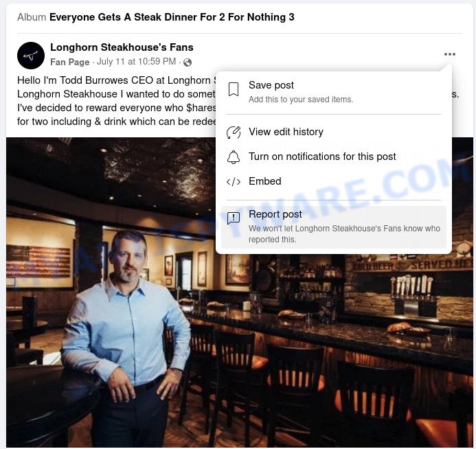 Longhorn Steakhouse Facebook Scam report