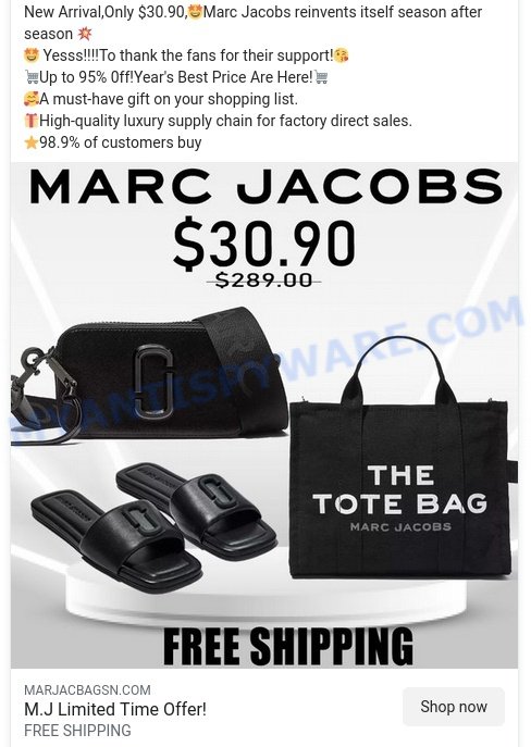 Marjacbagsn.com fake Marc Jacobs shop scam ads