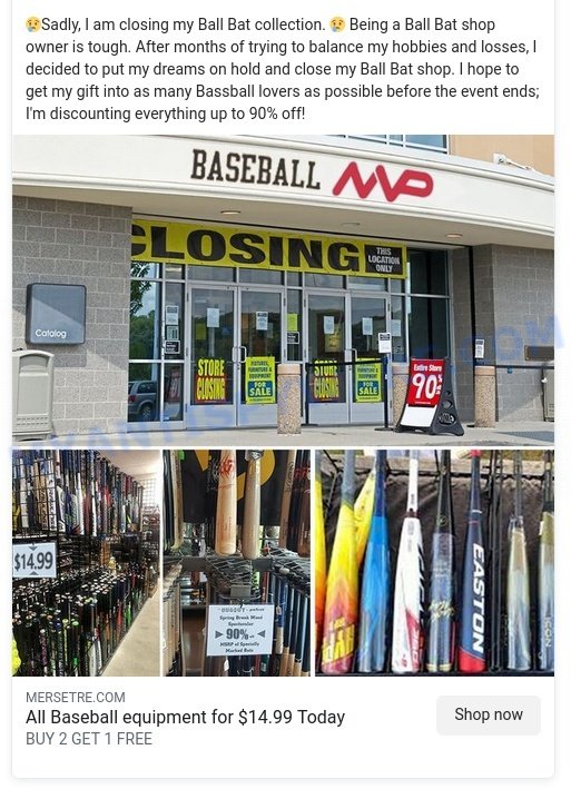 Mersetre.com Baseball Clearance Sale Scam facebook ads