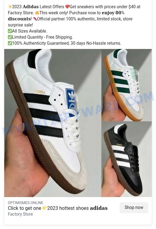 Optimismes.online Adidas Factory Store Scam Store ads