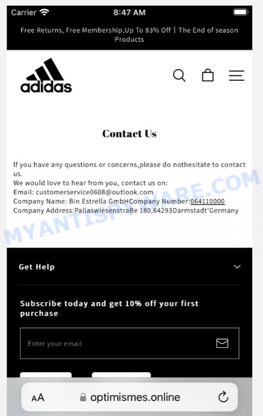 Optimismes.online Adidas Factory Store Scam Store contacts