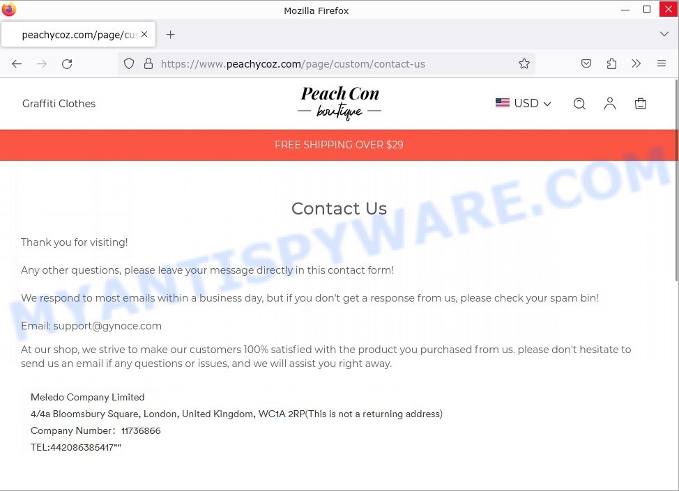 Peachycoz.com Scam store contacts