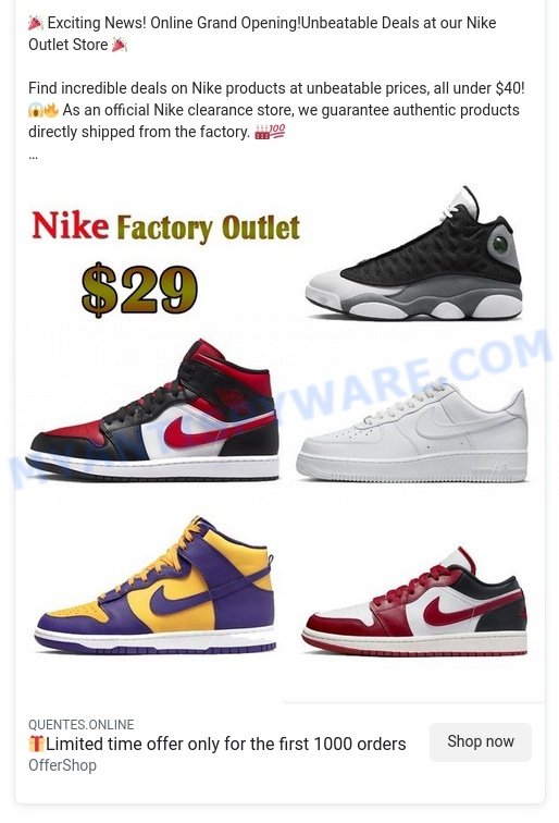 Quentes.online Nike Outlet Scam ads