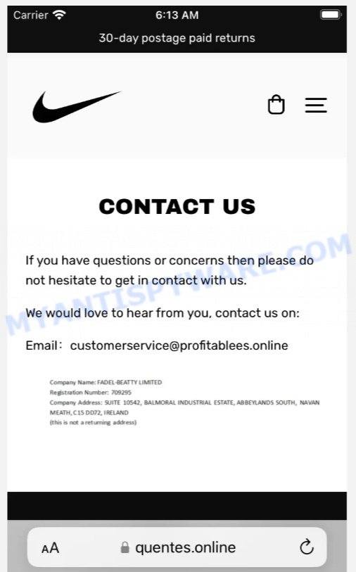 Quentes.online Nike Outlet Scam contacts