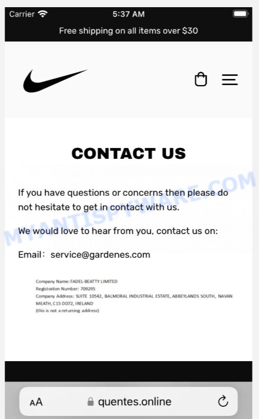 Quentes.online Nike Store Scam contacts