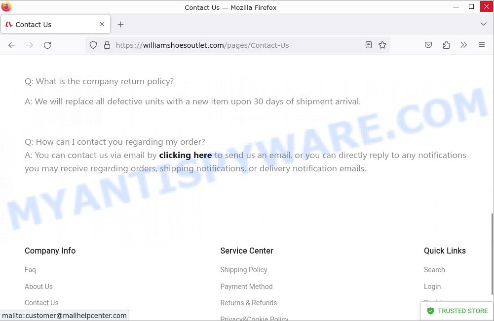 WilliamShoesOutlet.com Williams Shoes Scam contacts