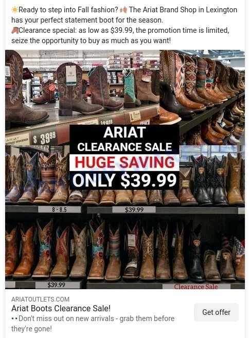ARIAT Clearance Sale Scam stores ads 1