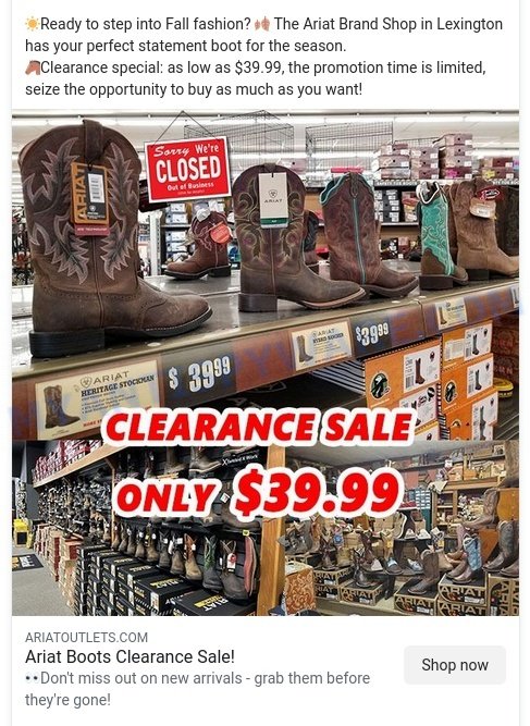 ARIAT Clearance Sale Scam stores ads