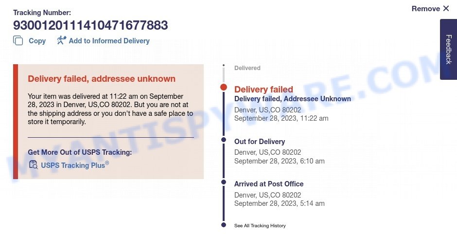 Delivery Failed Addressee Unknown USPS Scam