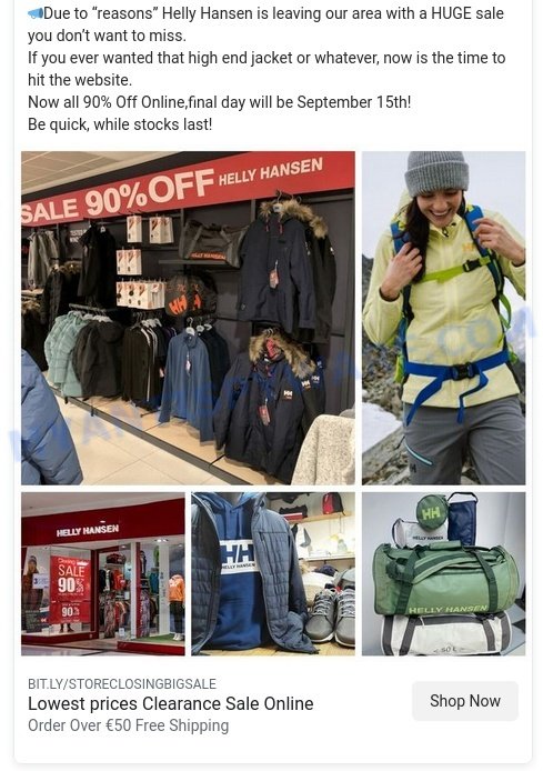 Fake Helly Hansen Clearance Sale Scam facebook ads