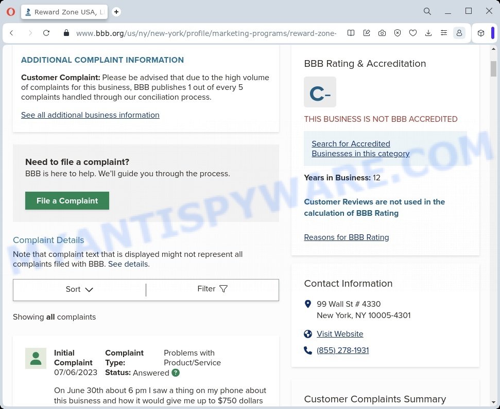 RewardZone Complaints Better Business Bureau