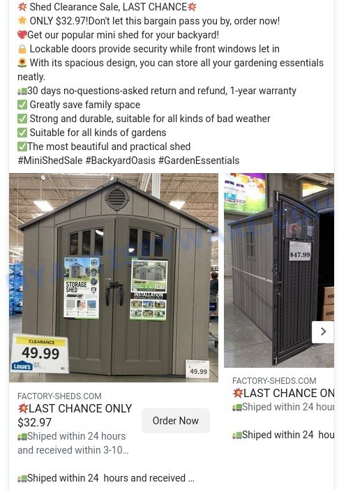 Shed Clearance Sale scam ads