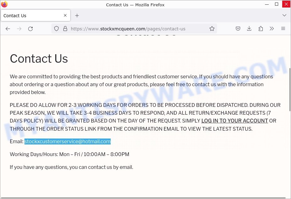 Stockxmcqueen.com Scam Store contacts