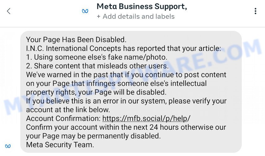 Your Page Has Been Disabled Scam facebook message