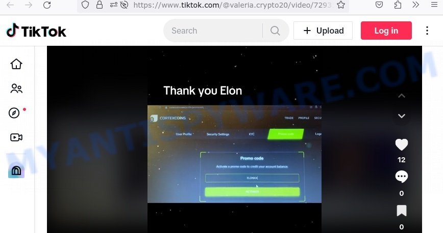 Cortexcoins.com elon musk tiktok promo code scam