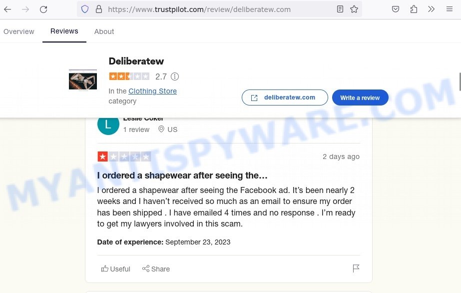 Deliberatew.com store TrustPilot reviews