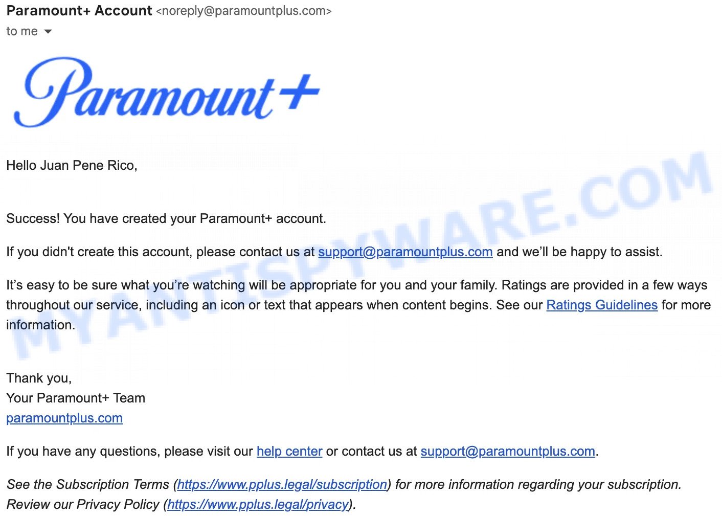 Juan Pene Rico Email from Paramount Plus