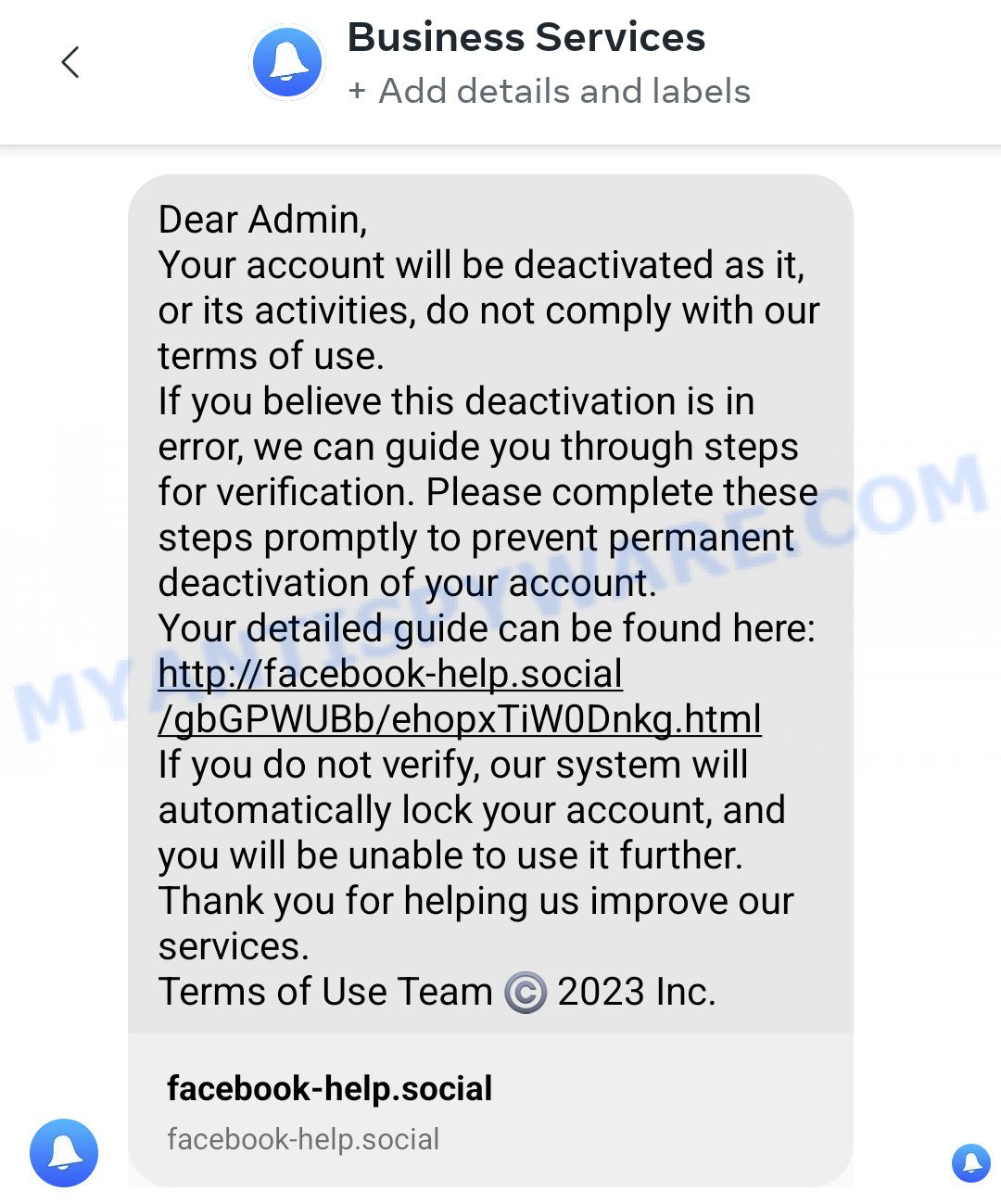 Meta Business Suite Scam Your account will be deactivated message