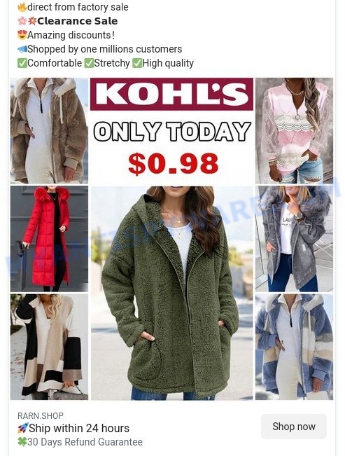 Rarn.shop Kohl shop scam ads