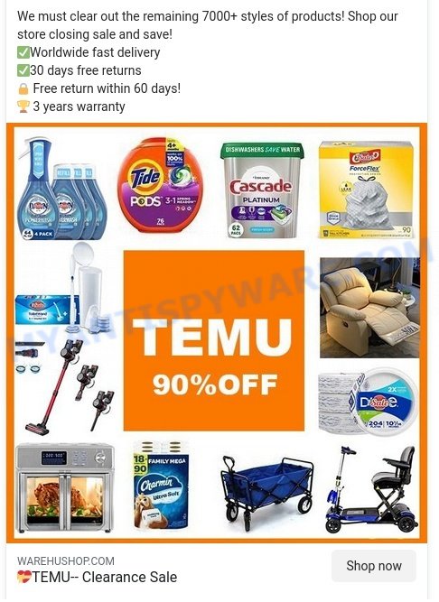 Warehushop.com TEMU 90 OFF sale scam store ads