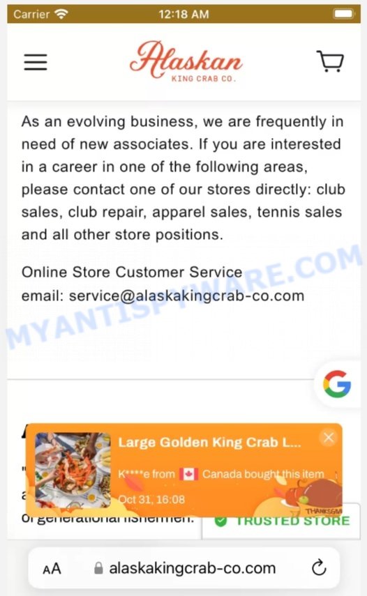 Alaskakingcrab-co.com scam contacts