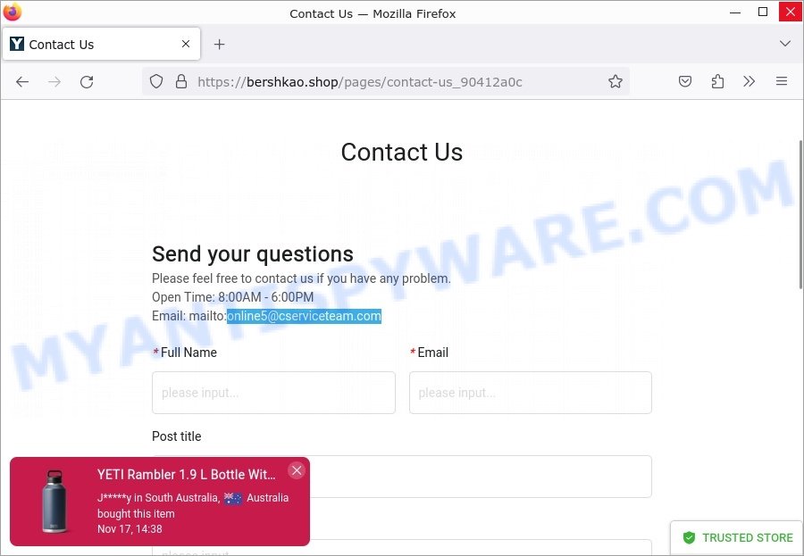 Bershkao.Shop YETI sale scam contacts