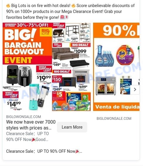 Biglowonsale.com Big Lots sale scam ads