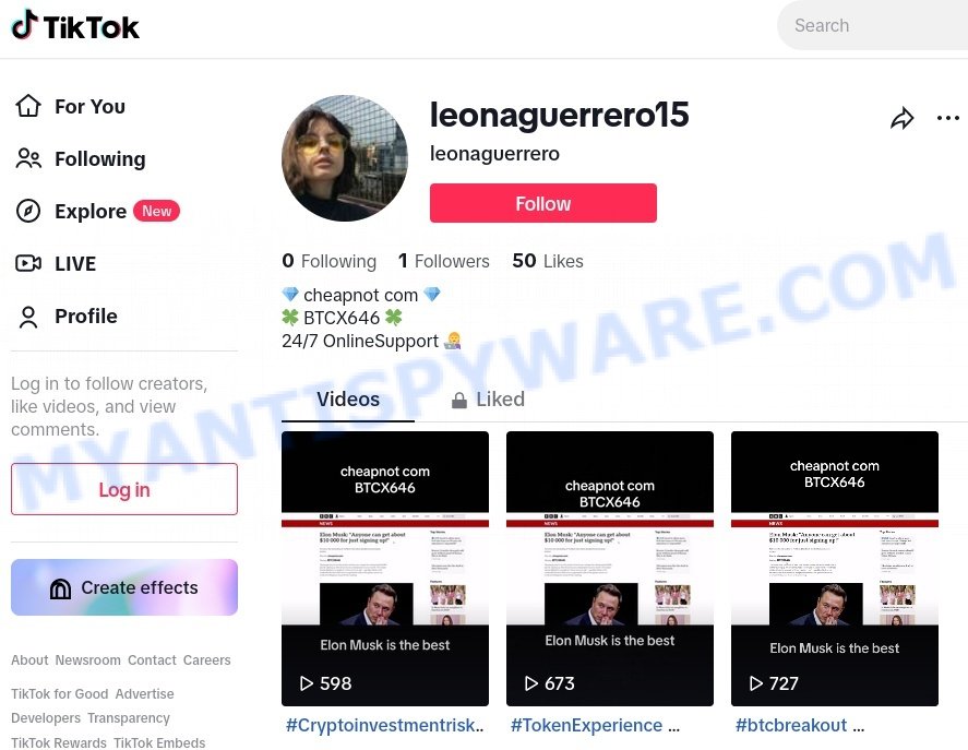 Cheapnot Elon Musk tiktok bitcoin promo code scam