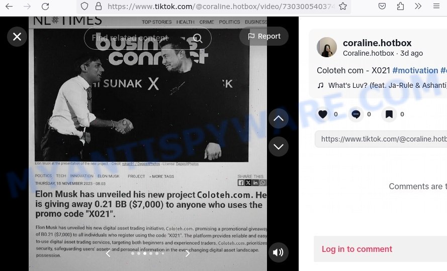 Coloteh.com Elon Musk TikTok bitcoin promo code scam