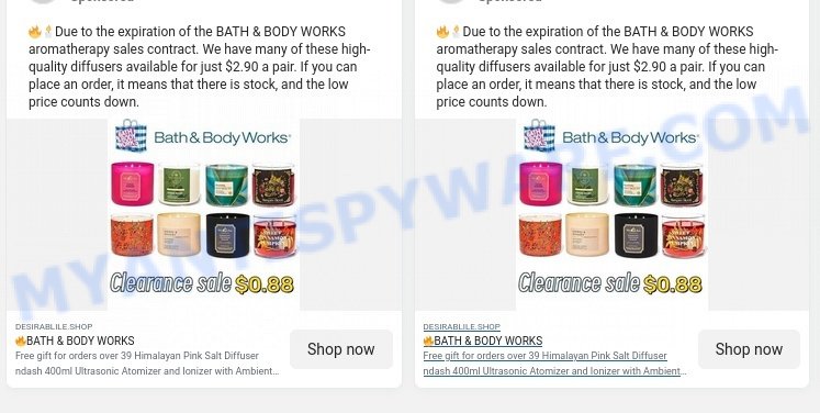 Desirablile.shop BATH & BODY WORKS scam ads