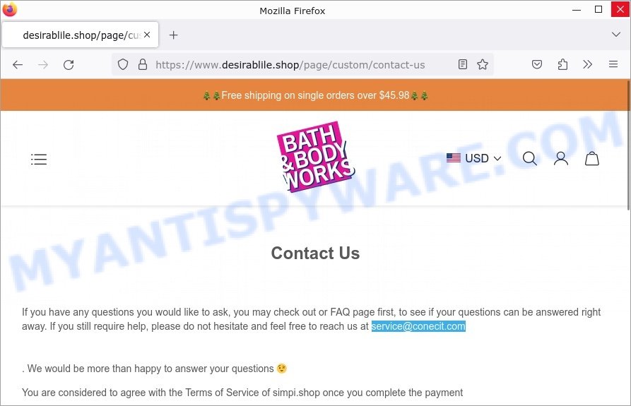 Desirablile.shop BATH & BODY WORKS scam contacts
