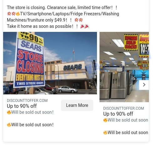 Discounttoffer com Sears Sale scam ads