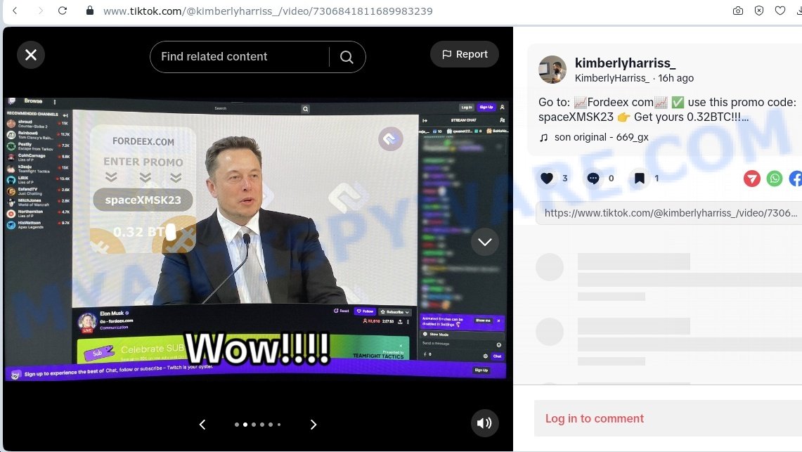 Fordeex Elon Musk TikTok Bitcoin promo code Scam