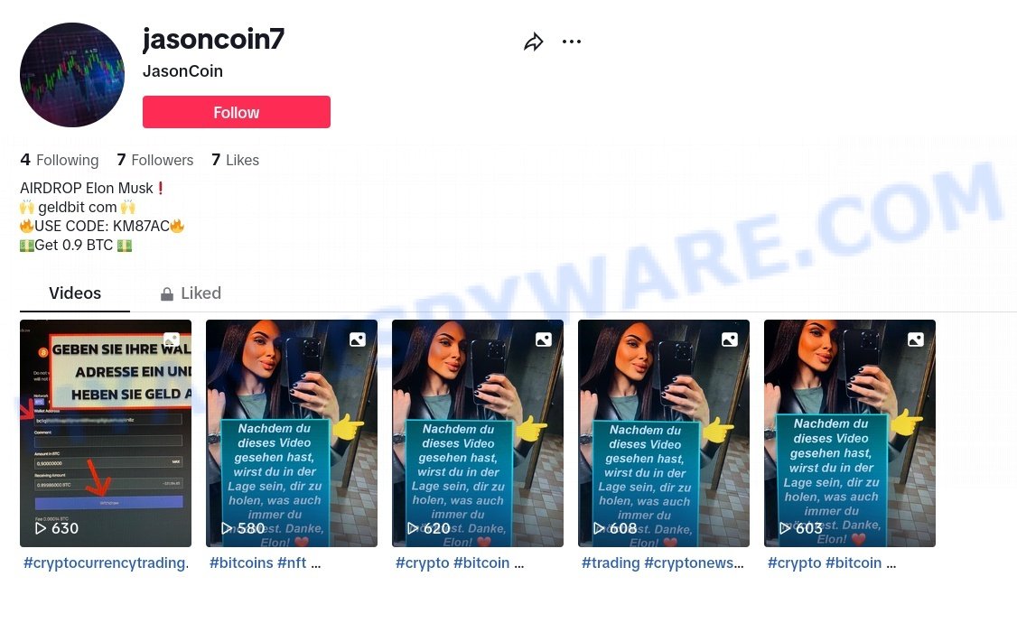 Geldbit Elon TikTok Bitcoin promo code scam