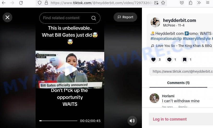 Heydderbit Bill Gates TikTok bitcoin promo code scam