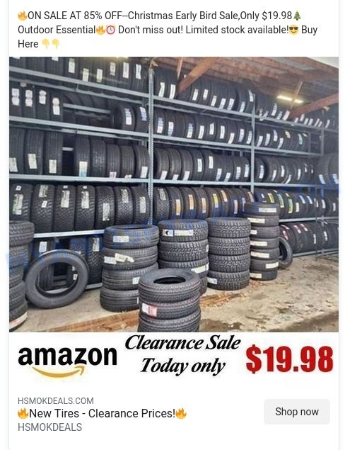 Hsmokdeals.com New Tires Clearance Sale scam ads