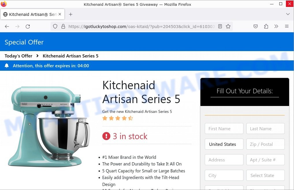 Jennifer Garner KitchenAid Giveaway Scam personal data form