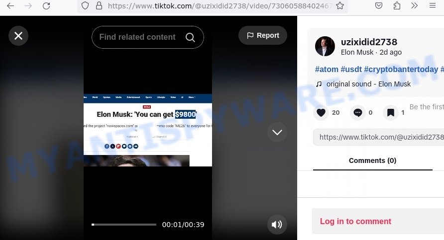 Nowspacex.com Elon Musk TikTok Bitcoin promo Scam