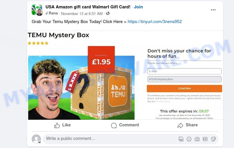 Temu Mystery Box scam facebook ads