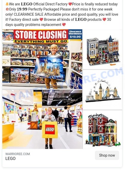 Warrioree.com LEGO CLEARANCE SALE Scam ads