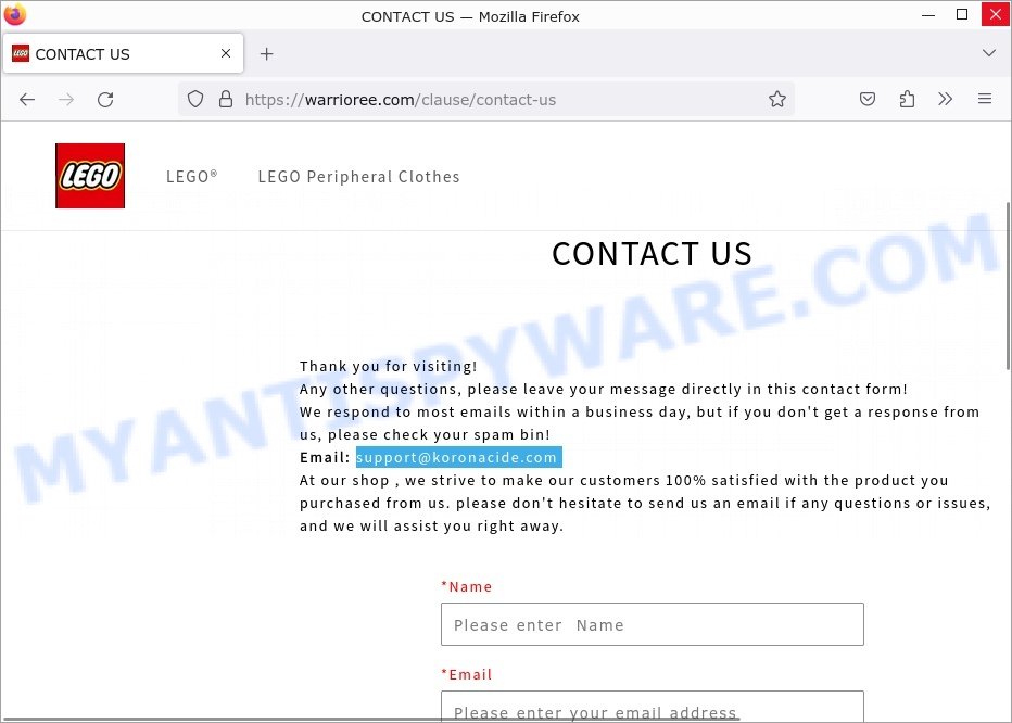 Warrioree.com LEGO CLEARANCE SALE Scam contacts