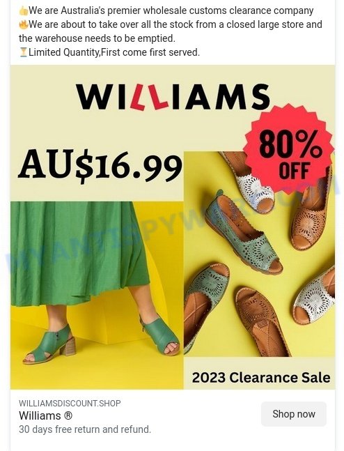 Williamsdiscount.shop Williams Shoes Scam ads