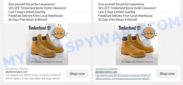 Aboldrevolution.com Timberland Boots Outlet Clearance Scam ads