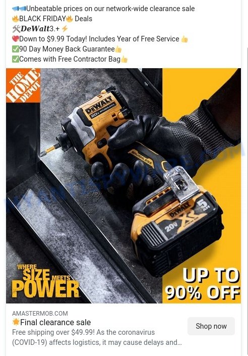 Amastermob.com DEWALT 90 Off Sale scam ads