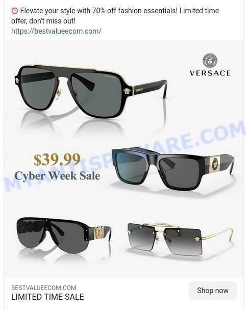 Bestvalueecom.com scam store VERSACE $39.99 Cyber Week Sale