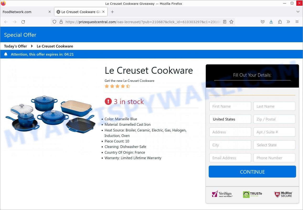 Le Creuset Cookware Giveaway Scam fake Le Creuset form